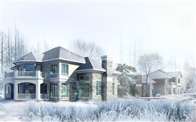3D diseño, casa, invierno, nieve