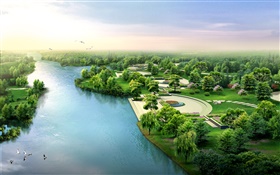 3D diseño, río, parque, árboles, pájaros HD fondos de pantalla