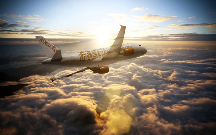 Aviones Airbus A300, el cielo, las nubes, los rayos del sol Fondos de pantalla, imagen