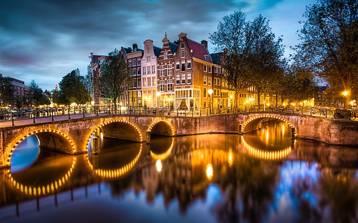 Amsterdam, Nederland, noche, luces, río, puente, casas Fondos de pantalla, imagen