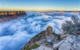 Arizona, EE.UU., Gran Cañón, mañana, salida del sol, niebla, nubes