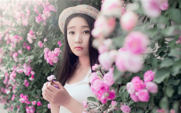 Muchacha asiática con flores color de rosa Fondos de pantalla, imagen