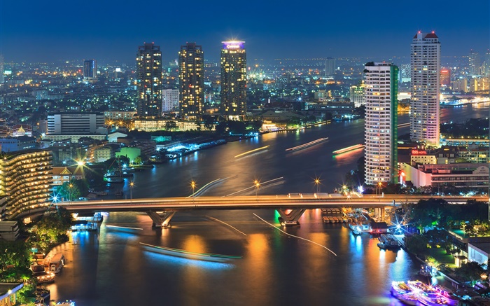 Bangkok, Tailandia, edificios, río, puente, noche, luces Fondos de pantalla, imagen