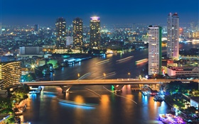 Bangkok, Tailandia, edificios, río, puente, noche, luces HD fondos de pantalla