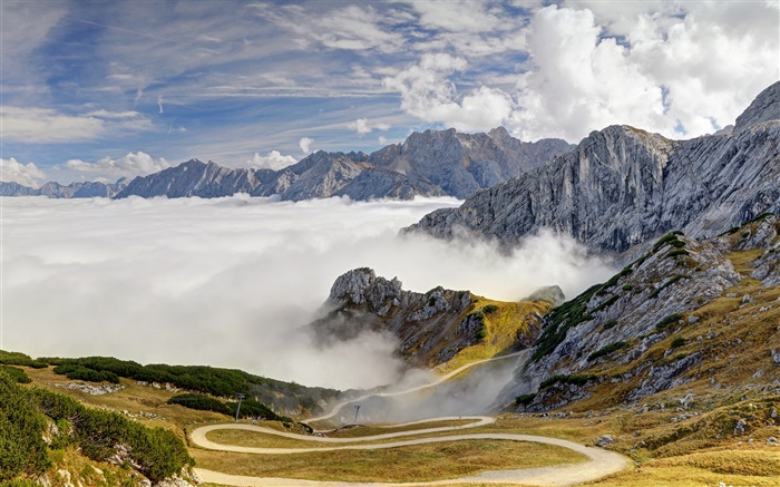 Baviera, Alemania, Alpes, montañas, camino, árboles, niebla Fondos de pantalla, imagen