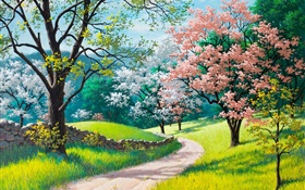 Hermosas pintura, primavera, carreteras, árboles, hierba, flores HD fondos de pantalla