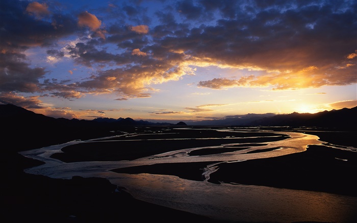 Curva del río, oscuridad, puesta del sol, China Fondos de pantalla, imagen
