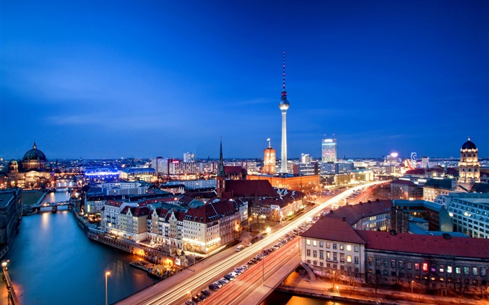 Berlín, Alemania, Alexanderplatz, la noche, los edificios, las luces Fondos de pantalla, imagen