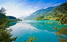 Agua del lago azul, montaña, verde