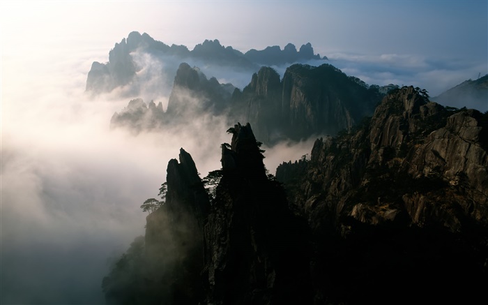 China, montañas, niebla, amanecer Fondos de pantalla, imagen