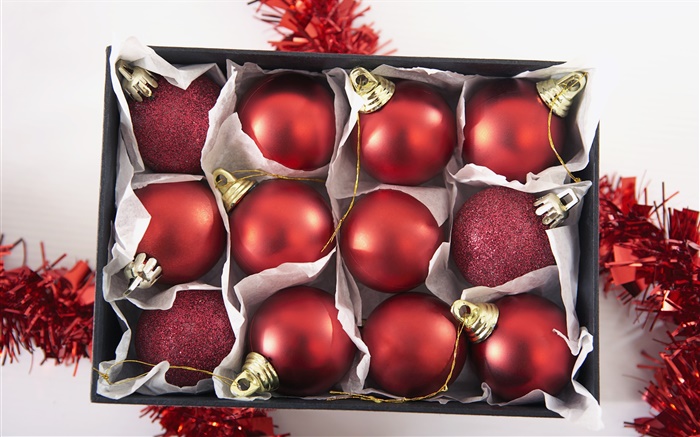 La decoración de Navidad, una caja de bolas rojas de Navidad Fondos de pantalla, imagen