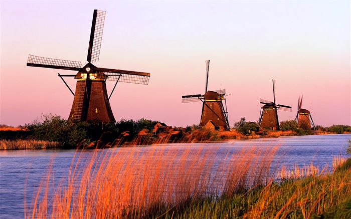 Paisaje holandés, molinos de viento, los ríos, la tarde Fondos de pantalla, imagen