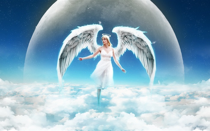 Muchacha del ángel de la fantasía en el cielo, las nubes Fondos de pantalla, imagen