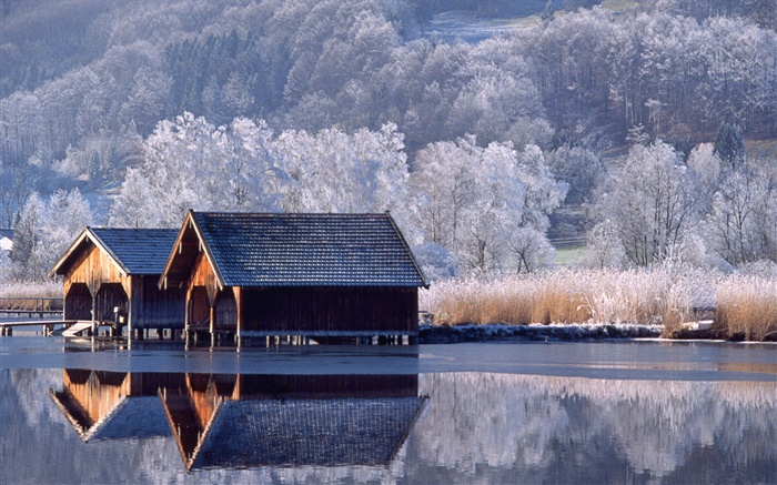 Casas, río, árboles, invierno, Alemania Fondos de pantalla, imagen
