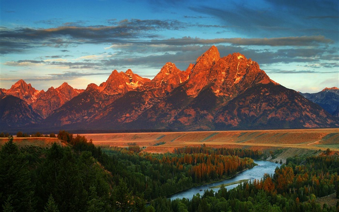 Montañas, bosque, río, otoño, América, Wyoming Fondos de pantalla, imagen