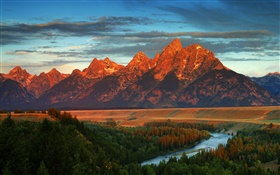 Montañas, bosque, río, otoño, América, Wyoming