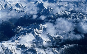 Montañas, nieve, nubes, paisaje chino