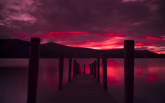 Pier, puesta del sol, lago, cielo rojo Fondos de pantalla, imagen