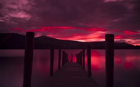 Pier, puesta del sol, lago, cielo rojo