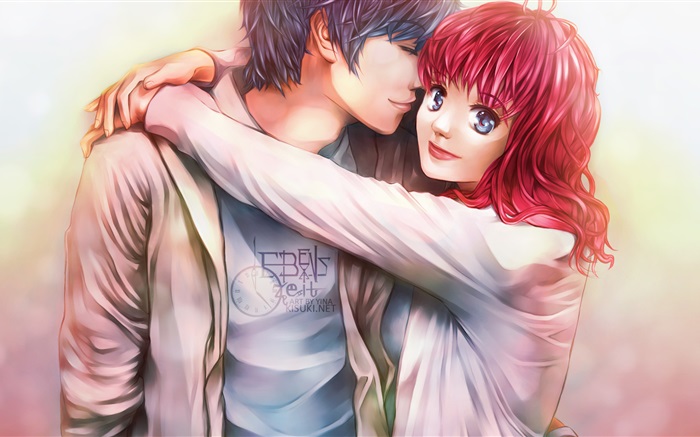 Chica anime de pelo rojo con su novio Fondos de pantalla, imagen