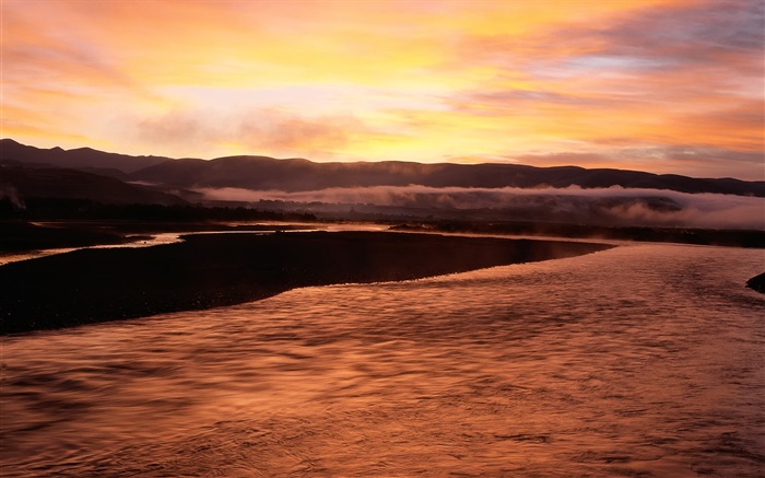 Cielo rojo, río, anochecer, puesta del sol, China Fondos de pantalla, imagen