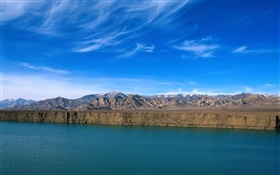 Río, montañas, cielo azul, acantilado, China paisaje