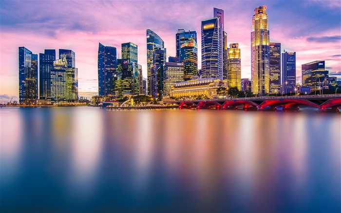 Singapur, la noche de la ciudad, luces, rascacielos, bahía Fondos de pantalla, imagen