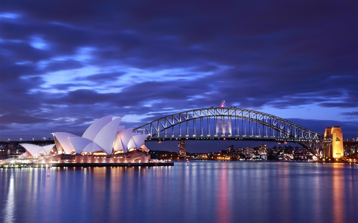 Ópera de Sydney, Australia, noche, puente, luces, mar, azul Fondos de pantalla, imagen