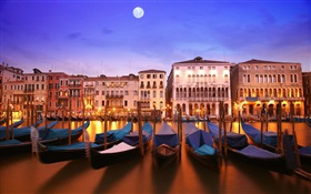 Venetian noche, barco, casa, río, luces, luna HD fondos de pantalla