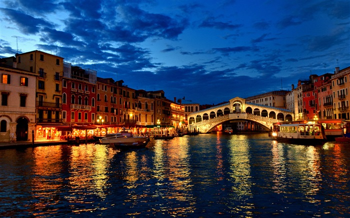 Venecia, la noche, el río, las casas, las luces, puente Fondos de pantalla, imagen