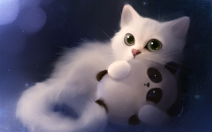 Pintura de la acuarela, gato con la panda de juguete Fondos de pantalla, imagen