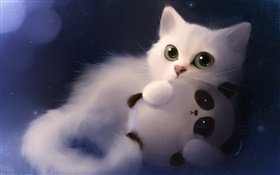 Pintura de la acuarela, gato con la panda de juguete HD fondos de pantalla