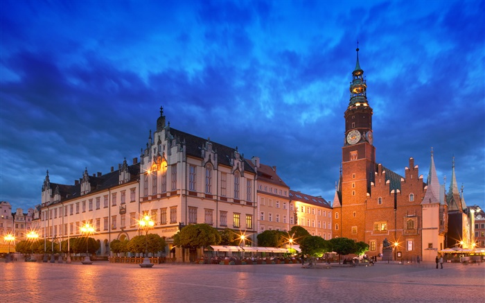 Wroclaw, Polonia, casas, noche, luces Fondos de pantalla, imagen