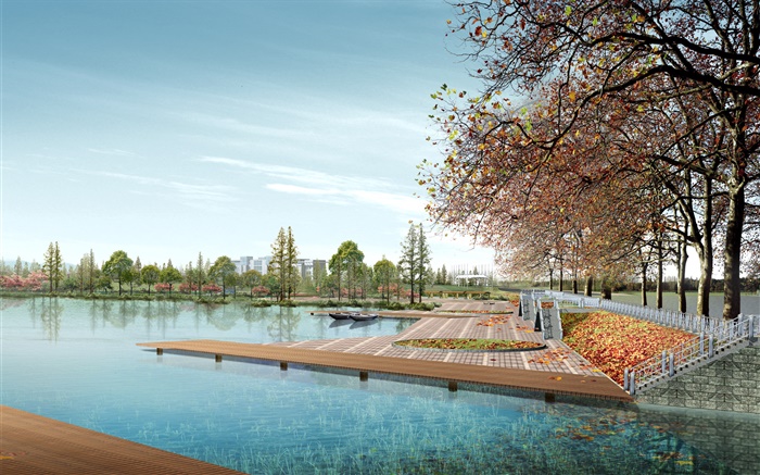Diseño 3D, parques de la ciudad, árboles, lago Fondos de pantalla, imagen