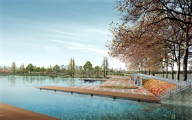 Diseño 3D, parques de la ciudad, árboles, lago