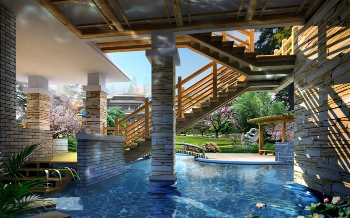 Diseño 3D, muestran detalles villa, piscina Fondos de pantalla, imagen