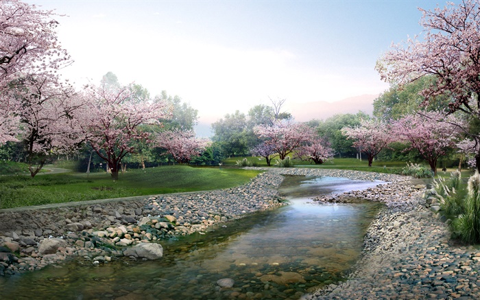 Diseño 3D, Parque de la primavera, las flores en plena floración, arroyo Fondos de pantalla, imagen