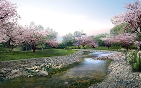 Diseño 3D, Parque de la primavera, las flores en plena floración, arroyo