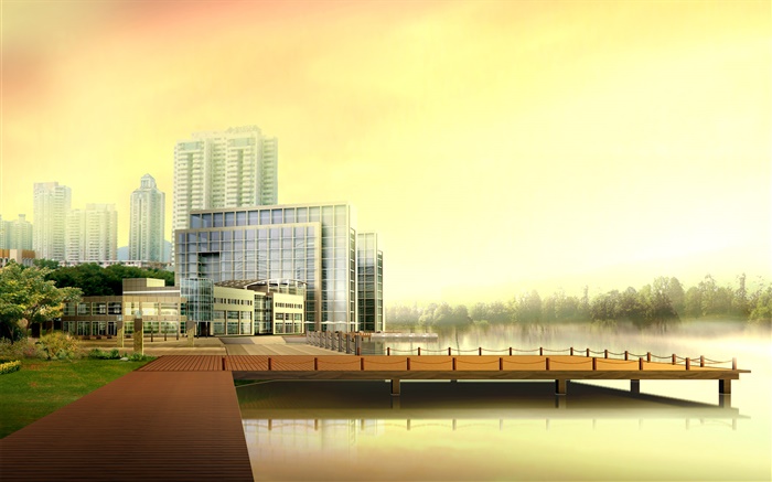 Diseño 3D, edificios altos urbanos, río, muelle Fondos de pantalla, imagen