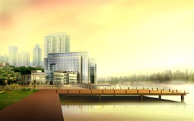 Diseño 3D, edificios altos urbanos, río, muelle