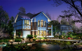 Diseño 3D, villas noche, iluminación, estanques, árboles HD fondos de pantalla