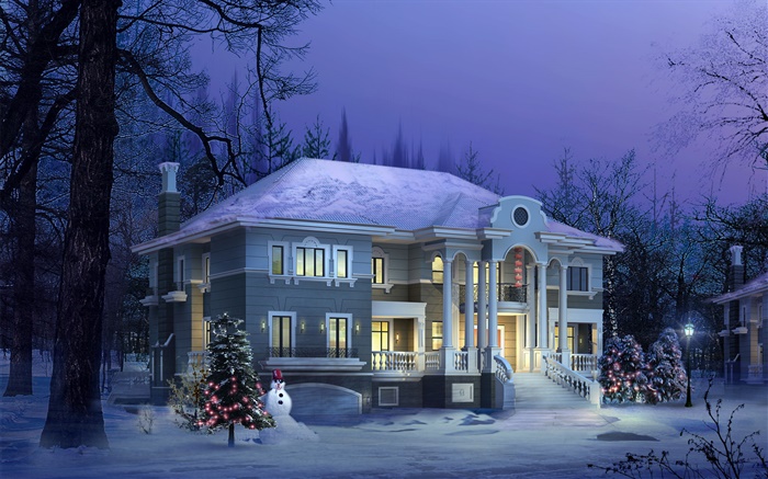Diseño 3D, casa de invierno, nieve, noche Fondos de pantalla, imagen