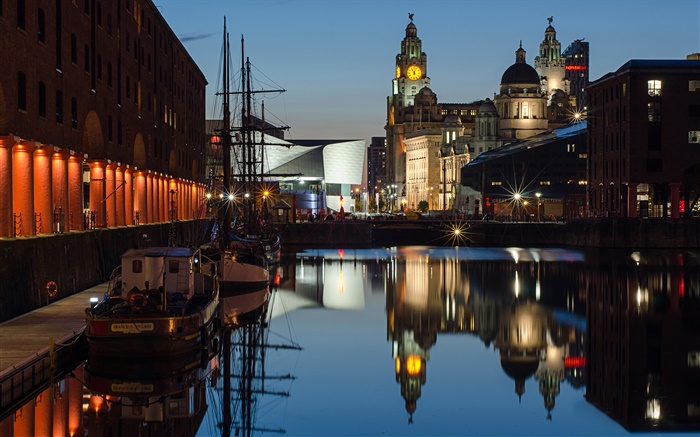 Albert Dock, la noche, las casas, las luces, Liverpool, Inglaterra Fondos de pantalla, imagen