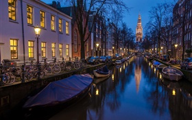 Amsterdam, Holanda, la noche, las casas, río, barcos, luces HD fondos de pantalla