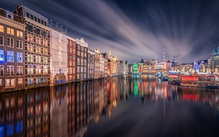 Ámsterdam, noche, luces, casa, río, reflexión Fondos de pantalla, imagen