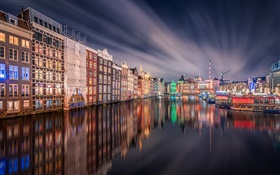 Ámsterdam, noche, luces, casa, río, reflexión