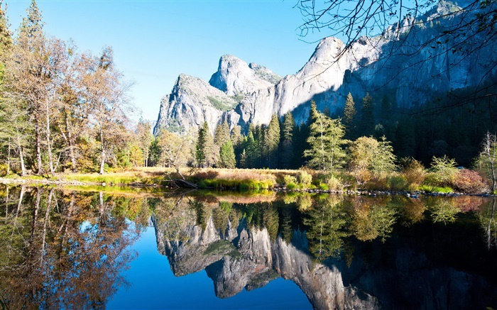 Otoño, árboles, lago, reflexión del agua, montaña, sol Fondos de pantalla, imagen
