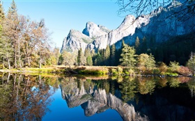 Otoño, árboles, lago, reflexión del agua, montaña, sol HD fondos de pantalla