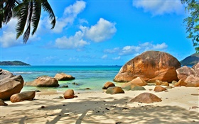 Playa, mar, piedras, rayos del sol, Seychelles Island
