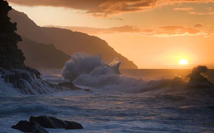 Playa puesta de sol, las olas, el Parque Estatal, Kauai Fondos de pantalla, imagen